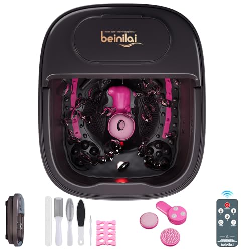 Beinilai Collapsible Foot Spa Massager with Heater,Remote Control,3 Pedicure Attachments,Pedicure Foot Bath with Bubble and Handle