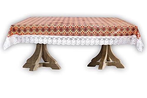Image of The Furnishing Tree Waterproof PVC Rectangle Shaped 10 Seater Table Cover WxL 60x120 inches Surface Pattern Brown with White Border lace