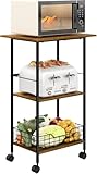 Microwave Stand with Storage, 3-Tier Rolling Kitchen Cart Table with Wire Basket, Wood and Metal Utility Cart on Wheels, Small Coffee Bar Station Cart As Kitchen Island, Microwave Shelf Organizer
