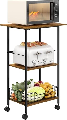 Image of Microwave Stand with Storage, 3-Tier Rolling Kitchen Cart Table with Wire Basket, Wood and Metal Utility Cart on Wheels, Small Coffee Bar Station Cart As Kitchen Island, Microwave Shelf Organizer