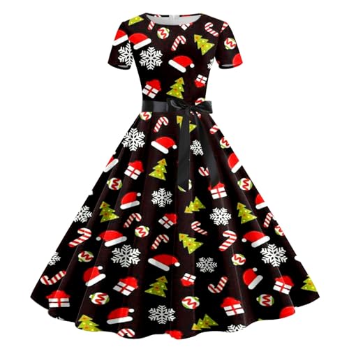 Weihnachtskleid Damen Langarm V-Ausschnitt Schneeflocken Gedruckt Kleid Festliche Partykleid Elegantes Dress Vintage Cocktailkleid Druck Swing Kleid...