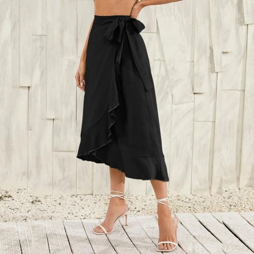 ODIZLI Women's Wrap Skirt High Waist Irregular High-Low Hemline Tie Waist Ruffle A-line Midi Skirt3