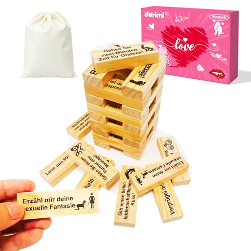 DORIMI 48 Stück Holz Block Tower Spiel – Deutsches Turm Stapelspiel für Erwachsene, Paare – Glatte, feuchtigkeitsresistente Oberfläche, Paar Spiele für romantische Abende (Upgrade Natur 48Stk)