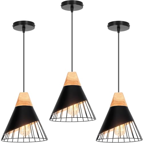 Suspensions luminaires industrielles en bois et métal noir cage Ø25cm pour salon