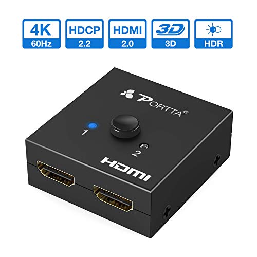 Portta - Conmutador HDMI de 2 Puertos 4 K V2.0 Compatible con Ultra HD 4K@60Hz 3D 1080P HDCP 2.2/1.4 HDR CEC para HDTV/BLU-Ray Player/DVD/Xbox/PS3/PS4 Pro (2 en 1 Salida)
