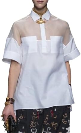 UOOZEE Womens Sheer Mesh Short Sleeve Collared Shirts See Through Sexy Trendy Blouses Tunic with Pockets