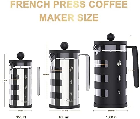 RAINBEAN Stainless Steel Cafetiere 8 Cup, French Press Coffee Maker Easy Cleaning Cafeteria, Double Walled Heat Resistant Borosilicate Glass Coffee Caffettiera, 1000ml /34 oz, Black