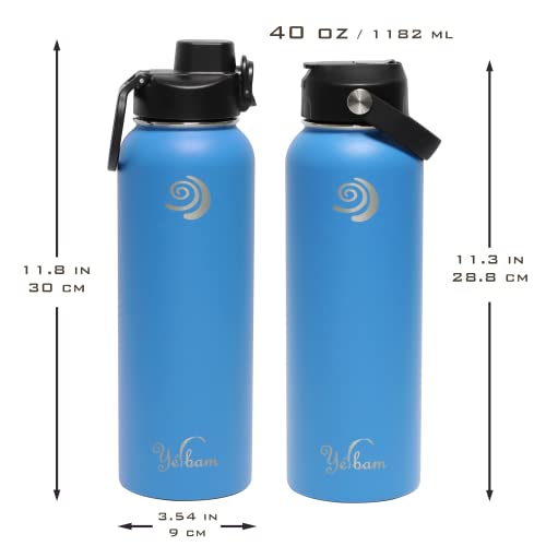 Yerbam Sports Flask Thermos Water Bottle With One-Touch Open Chug Lid & Covered Straw Lid Wide Mouth Direct Drink Dishwasher Safe Leakproof Sweat-Free Bpa-Free (40Oz - Silver Lake Blue) #TOP4