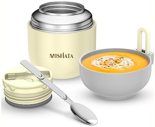 MOSFiATA Insulated Food Flask, 500ml Vacuum Insulated Food Jar, Stainless Steel Food Flasks for Hot & Cold Food, Leak-proof BPA-Free Food Containers with Folding Spoon for Kids Adults,Beige