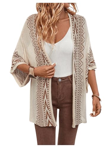 WDIRARA Women's Western Boho Cardigans 3/4 Dolman Sleeve Open Front Knit Lightweight Coverup