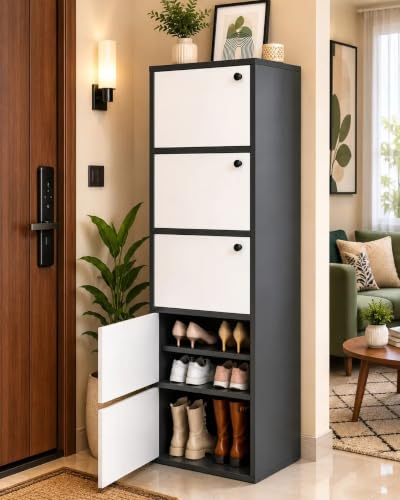 Image of Mevigo-Wooden Shoe Rack with 5-Door - Tall Shoe Cabinet with Doors, 9-Tier Freestanding Shoe Storage Organizer for Entryway, Engineered Wood Shoe Stand Cabinet, Space-Saving Narrow Shoe Rack Wooden