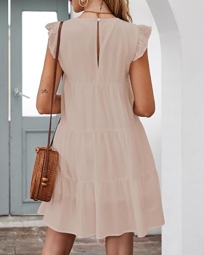 KIRUNDO Women's Summer Dresses 2026 Sleeveless Ruffle Sleeve Round Neck Solid Loose Short Flowy Pleated Mini Babydoll Dress(Apricot, Medium) — view 6