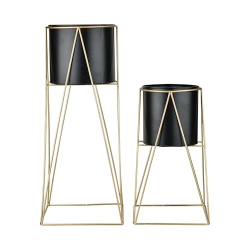 Image of Decent Home Decor Iron Metal Indoor Out Door Bedroom Home Office Planter Pot Tall Stand with Planter for Living Room, Balcony Flower Pot Stand Set of 2 (Black)