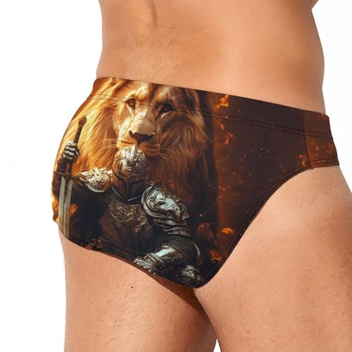 Lion and Knights Printed Swim Briefs for Men Sexy Bikini Swimwear Elastic Beach Trunks Bathing Suit4