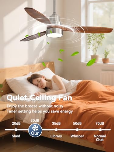 Image of Sofucor 52 inch Solid Wood Ceiling Fan with Light, Quiet 6-Speed 3 Blades Reversible LED Ceiling Fan, Modern Rustic Fan with Dimmable Light for Living Room Bedroom Home Office Cafe Patio Porch