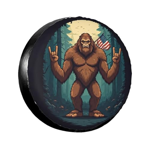 Image of Funny Bigfoot American Flag Spare Tire Cover with Unique Print, Weatherproof Wheel Covers Tire Protector, Universal Fit for Rv, Trailer, SUV, Camper Vehicle