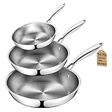 KoolShiro 3PCS Stainless Steel Frying Pan, Frying Pan for Searing & Sauteing, 3 Ply Stainless Steel Cookware for Durability & Even Heating, Compatible with All Cooktops Up to 600℉