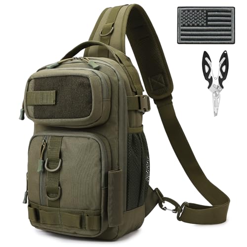 Aocmpxs Fishing Backpack Sling Tackle Bag, Lightweight Fishing Shoulder Backpacks Tactical Tool Bags for Storge Fishing Gear and Equipment with US Flag Patch and Fishing Plier (1 Pack Green)