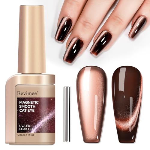 Bevimee Cat Eye Nail Polish, Dark Brown, Moonlight Magnetic Gel Nail Polish With Magnet Stick, Glitter Holographic Shimmer UV Velvet Gel Nail Art Manicure Salon DIY Home, 12ML