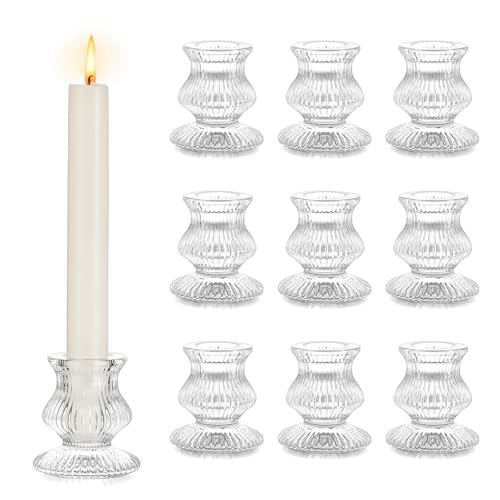 Glass Candle Holders for Tapered Candles: Hewory 10pcs Clear Candlestick Holders for Table Centrepiece, Crystal Ribbed Candle Sticks Holder Small Vintage Decoration for Christmas Party Home Wedding