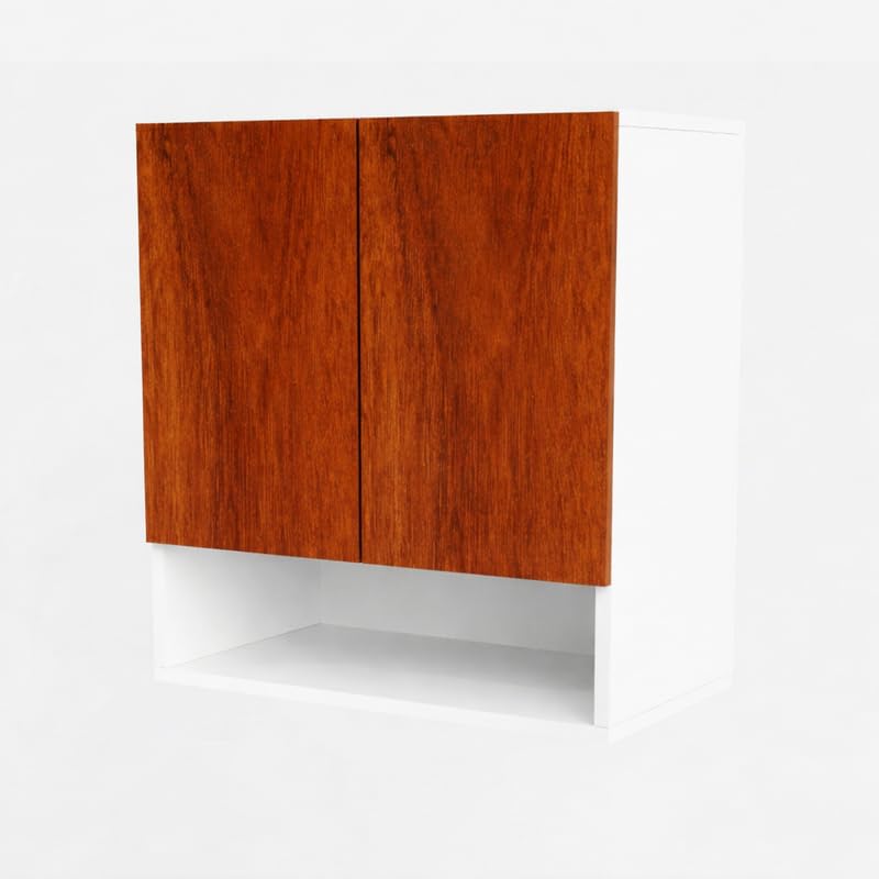 Image of 2 Door Multipurpose Wall Mounted Cabinet with Adjustable & Fixed Shelf | Storage for Kitchen, Bathroom, Office & Living Room | Assembly-DIY | Color-White & Cherry Pine | Size-60x33x63.8 Cm