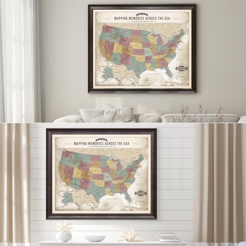 Image of DECORARTS - Personalized Push Pin Travel Map USA, Custom Name, Pin Board Canvas Wall Art, Soft Vintage Pastel United States Decor, Optional Wood Frame, Giclee Print, Handcrafted in USA, 30x24''