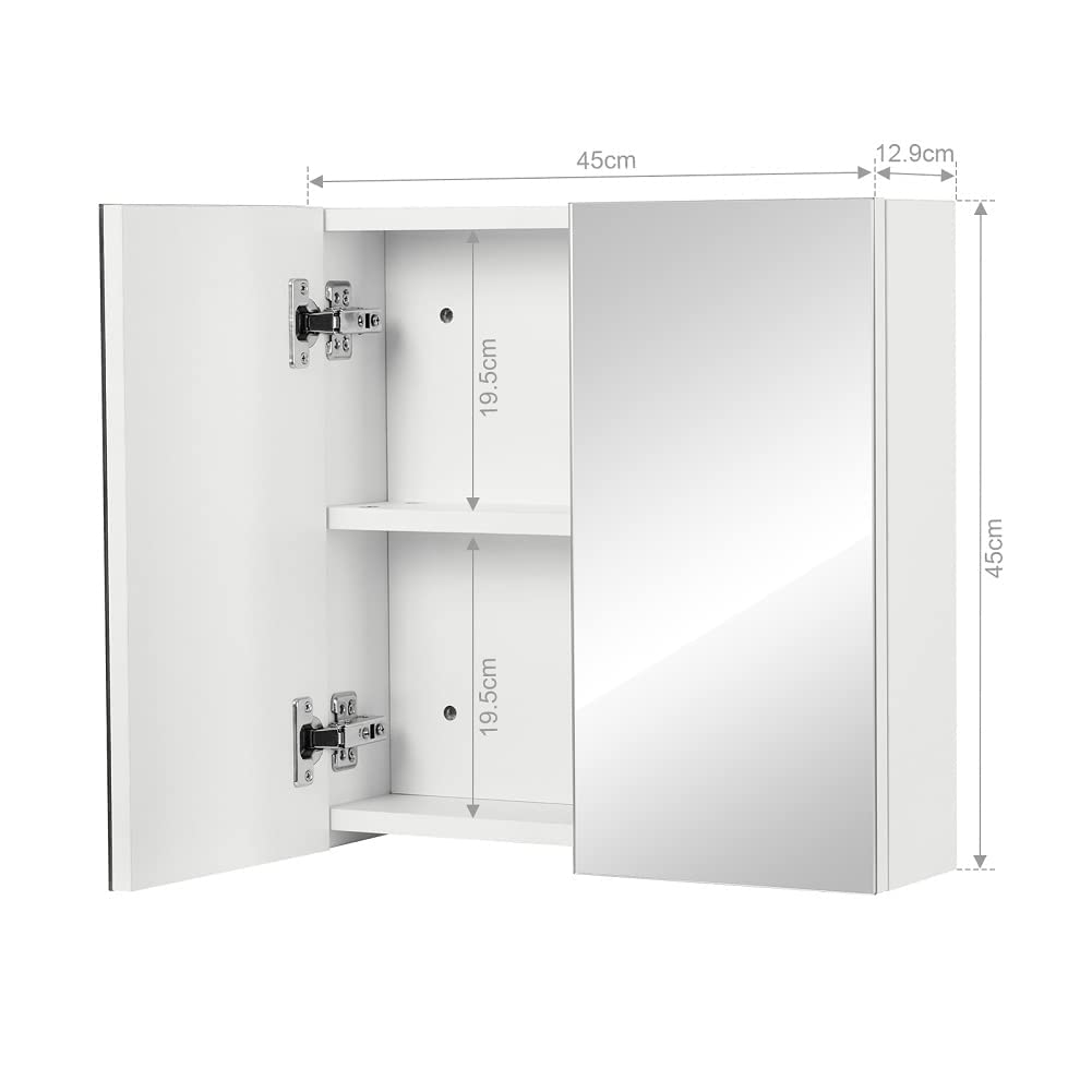 Meerveil - Lustrzana szafka toaletowa - lustro łazienkowe z 2 drzwiami pełne lustro 2 półki nowoczesne drewno, 45 x 13 x 45 cm białe