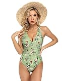 Clearlove Damen Badeanzug V Neck Bauchweg Karomuster Vintage Einteilige Bademode Swimsuit Army Green-Upgrade,XXL