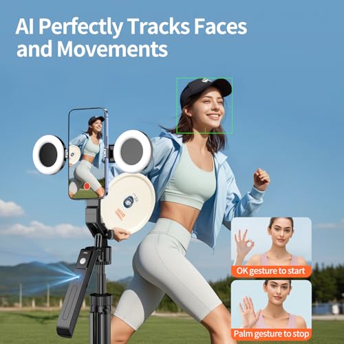 70.9\" Auto Face Tracking Tripod 360° Rotation with Lights, Motion Sensor Phone Tripod Stand Selfie Stick with Remote, Face Body Gesture Control Phone Camera Holder for Vlog/Live Stream/Video Recording - Thumbnail 2