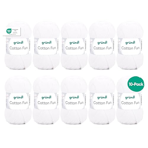 Gründl Wolle Cotton Fun - Wolle zum Häkeln - Strickgarn - Häkelgarn - Pflegeleicht und hautfreundlich - 100% Baumwolle - 10 Knäuel 50 g / 115 m - Nadelstärke 3-4 - Weiß