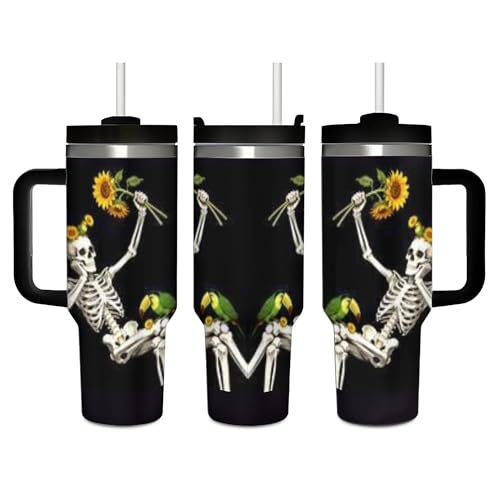 Mount Hour Funny Skull Vacuum Insulated Travel Tumbler 40 oz (1200 ml), Sunflowers Bird Reusable Car Coffee Cup Mug with Handle Straw for Birthday Party Gift (Print in USA)
