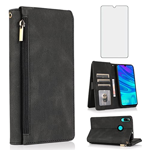 Asuwish Compatible with Huawei P Smart 2019/Honor 10 Lite Wallet Case and Tempered Glass Screen Protector Zipper Leather Flip Cover Card Holder Stand Phone Cases for Hawaii PSmart 2019 Women Men Black