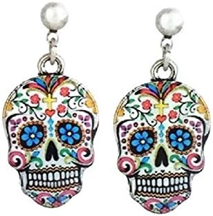 Pizazz Studios Sugar Skull Dangle Earrings White Silver Tone