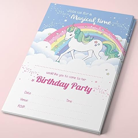 40 x Unicorn Birthday Party Invitations Invites Girl Children Kids Pink / Purple Cover