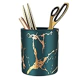WAVEYU Pen Holder, Stand for Desk Marble Pattern Pencil Cup for Girls Kids Durable Ceramic Desk Organizer Makeup Brush Holder for Office, Classroom, Home, Green Golden