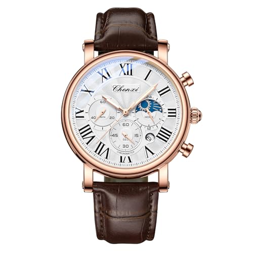 Montre à quartz pour homme Tiong MB-WCH002 avec cadran romain blanc et son bracelet en cuir marron