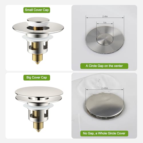 Image of Universal Bathroom Sink Drain Stopper Strainer, 2PCS, Brushed Nickel | 2 in 1 Pop Up Sink Stopper for 1.1''~2.36'' Sink Basin Hole, Hair Catcher with Removable Stainless Steel Filter Basket