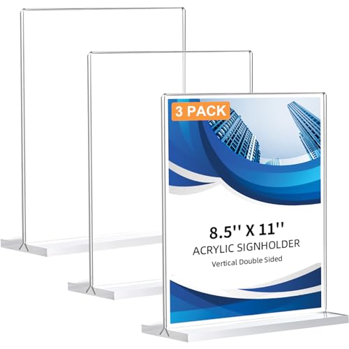 3 Pack Acrylic Sign Holder 8.5 x 11, Double-Sided Clear Sign Holder Plastic Stands for Display, T Shape Acrylic Table Sign Stands for Office Store Restaurants Wedding Party Decoration