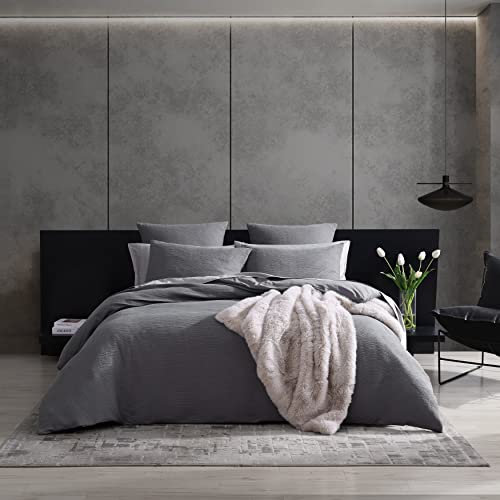 Vera Wang - Juego de Funda de edredón tamaño King, Juego de Ropa de Cama Reversible de algodón con Fundas a Juego, decoración del hogar (Pliegues texturizados, carbón)