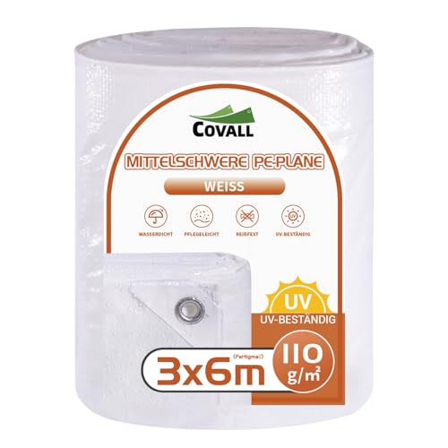 COVALL Abdeckplane wasserdichte 3x6m Fertigmaß - Plane Mit Metall-Ösen (110g/m²) - UV-beständig & Reißfest - Für Regenschutz & Winter Isolierung, Garten, Terrasse, Camping - Weiß