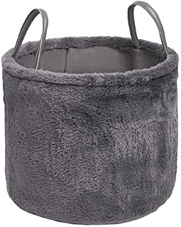 OHS Plush Faux Fur Storage Basket Organiser Hamper Decorative Home Bathroom Toy Laundry Washing Wash Bin with Handles Compact Foldable - Charcoal Grey