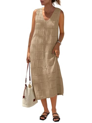 Fisoew Womens Crochet Sleeveless Dress V Neck Boho Cover Up Midi Tank Dress