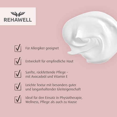 REHAWELL Massagelotion Klassisch 1 L – professionelle Massagelotion mit Avocadoöl & Vitamin E, vegan, ohne Parabene & Farbstoffe, Made in Germany – für Massageanwendungen
