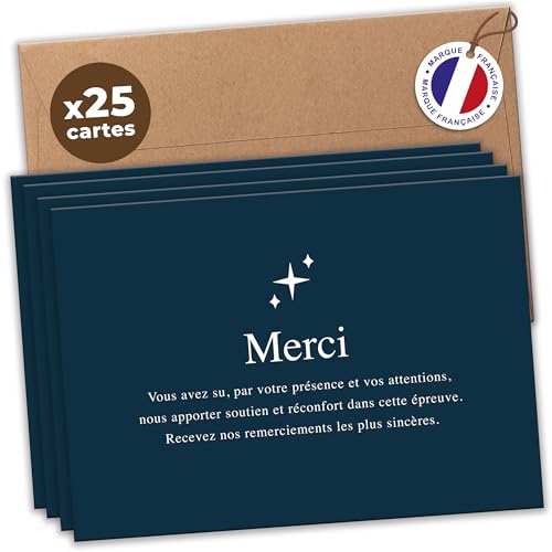 aliceandberry Biglietti ringraziamento lutto morte ossessanti funerali, set 25/50/75 + buste, carta 400 g, design sobrio elegante, fiori candela stella, marca francese (set di 25, stelle)