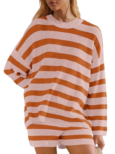 Image of Panadila Womens Striped Sweater Set Oversized Lounge Sets Matching Pajamas Long Sleeve Sweater Top and Shorts