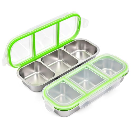 Image of UPTRUST Reusable Snack Containers with Lids, 2pcs Stainless Steel 3-Compartment Snack Box, Divided and Leak-Proof Design for Take-Out Condiments and On-the-Go Snacks