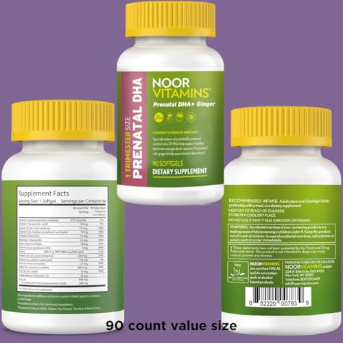Image of Noor Vitamins Halal Prenatal Vitamins with DHA and Folic Acid, Essential Vitamins, Ginger to Soothe Mom's Stomach, Iron, Softgels, Prenatal Vitamin Before /During /Post Pregnancy (3 Months Supply)