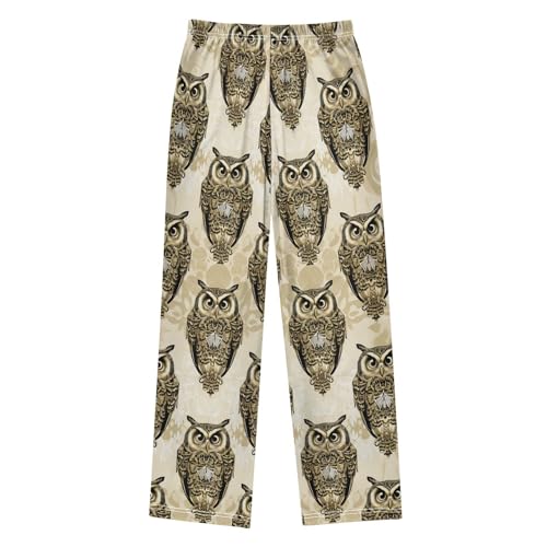 Retro Owl Boys Long Pants Soft Trousers Elastic Waist Kids Lounge Bottoms with Pockets S-XL2