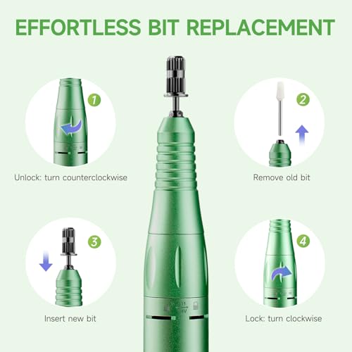 Nail Drill, Professional 45000RPM Rechargeable Electric Nail File with 11 Drill Bits & 50 Sanding Bands, Low Noise Nail Drill Kit for Acrylic Gel Nails, Salon & Home Use, Soft Green — view 6