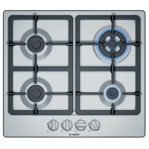 Bosch Placa de gas, Serie 4, 60 cm, Quemador Wok, Compatible con biometano, Acero, PGH6B5B90